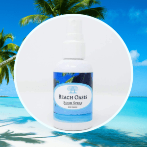 Beach Oasis room spray with tropical background.