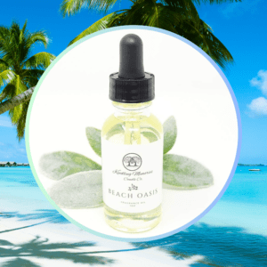 Beach-themed essential oil with palm trees.