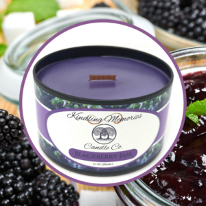 Purple candle with blackberry jam label.