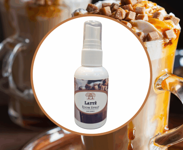 Latte-scented room spray with caramel latte.