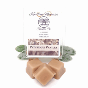 Patchouli vanilla wax melts with packaging.