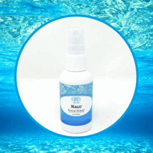Room spray bottle with ocean background.