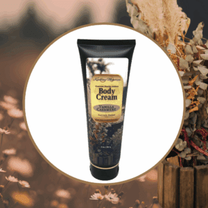 Vanilla body cream with floral background.