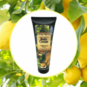 Body cream tube with lemon background.