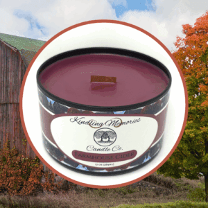 Candle labeled "Farmhouse Cider" with barn background.