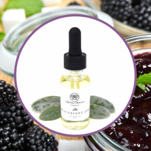 Blackberry jam with dropper bottle and leaves.