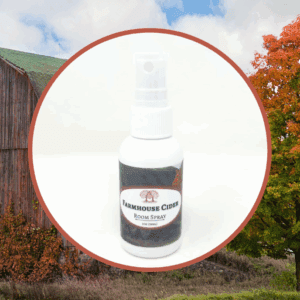 Farmhouse cider room spray with barn background.