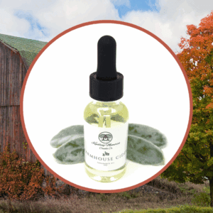 Cider bottle with rustic barn and tree.