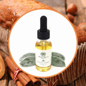 Spice cake flavoring bottle with cake.