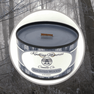 Candle labeled "Haunted Woods" with forest background.
