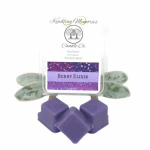 Purple wax melts labeled "Berry Elixir" with leaves.