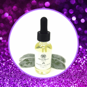 Dropper bottle on purple glitter background.