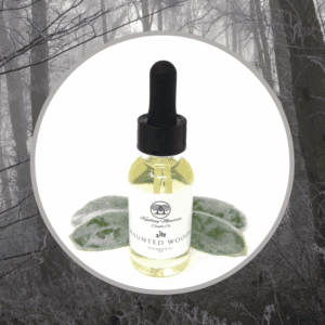 Bottle of oil with forest background.