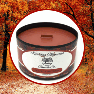 Candle labeled "Perfect Autumn" with fall background.