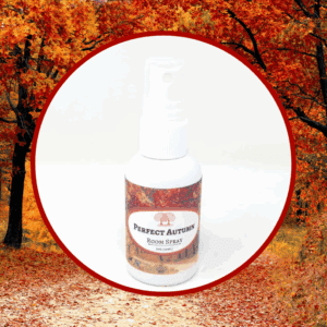 Room spray bottle with autumn-themed label.