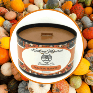 Pumpkin candle surrounded by assorted gourds.