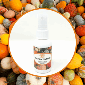 Pumpkin Harvest room spray with pumpkins background.