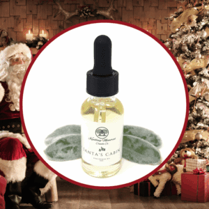 Santa-themed oil bottle with Christmas tree.