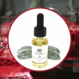 Dropper bottle with sparkly cocktail drink.