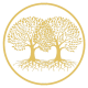 Two intertwined trees in a golden circle.